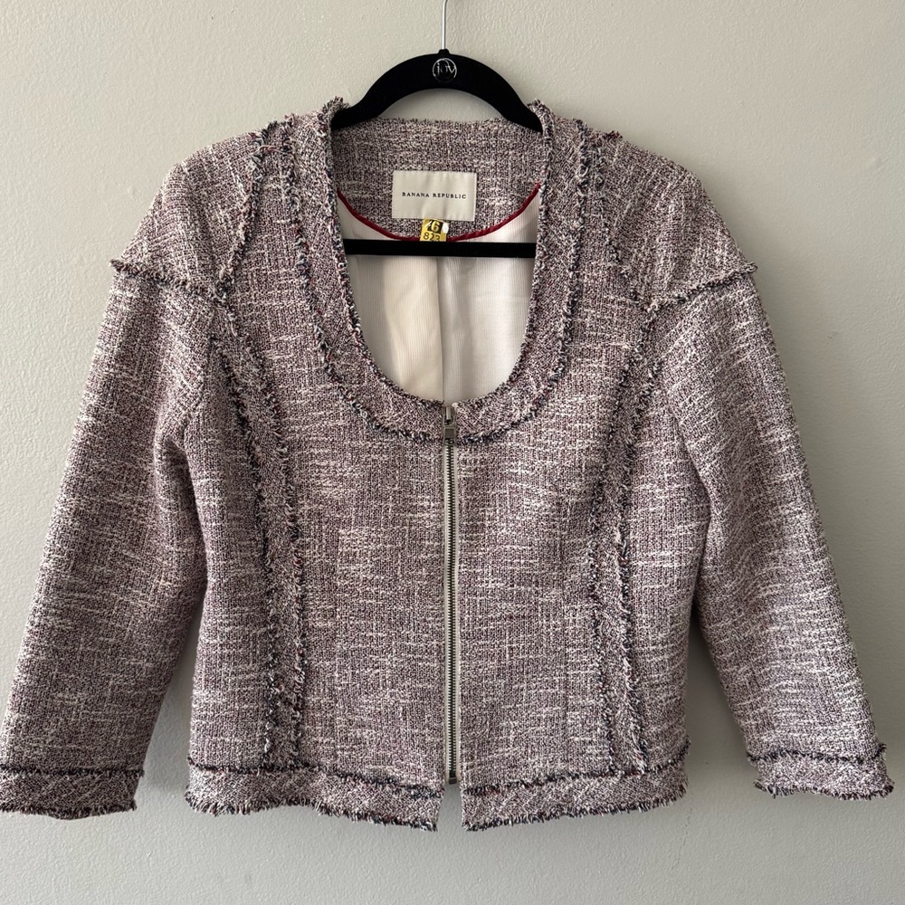 Banana Republic Minimalist Tweed Blazer Zipper Jacket frayed red white blue
